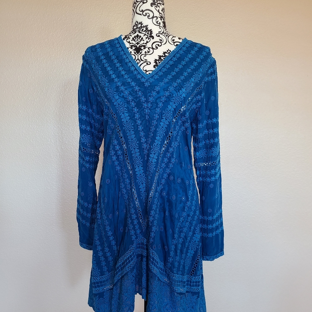 Johnny Was V Neck Embroidered Eyelet Dress